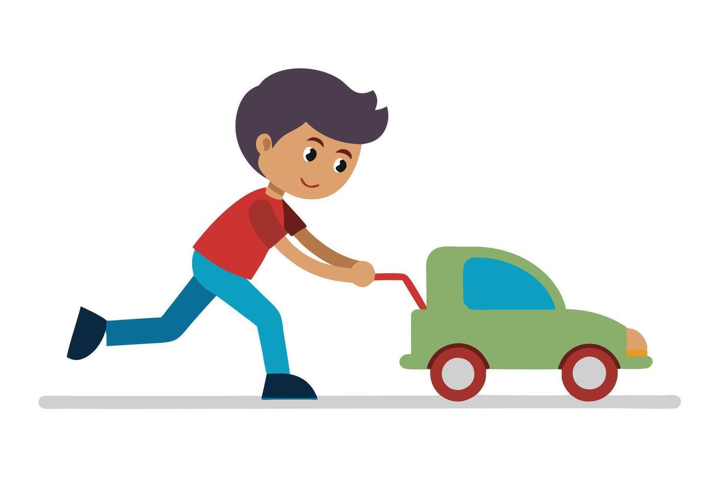 Cartoon Boy Pulling Green Toy Car on White Background Playful Child vector