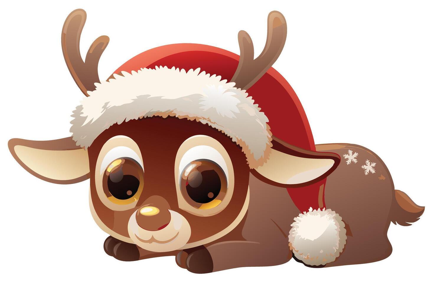Cute Brown Reindeer with Santa Hat, Big Eyes, Cartoon Style, Festive Theme, Holiday vector