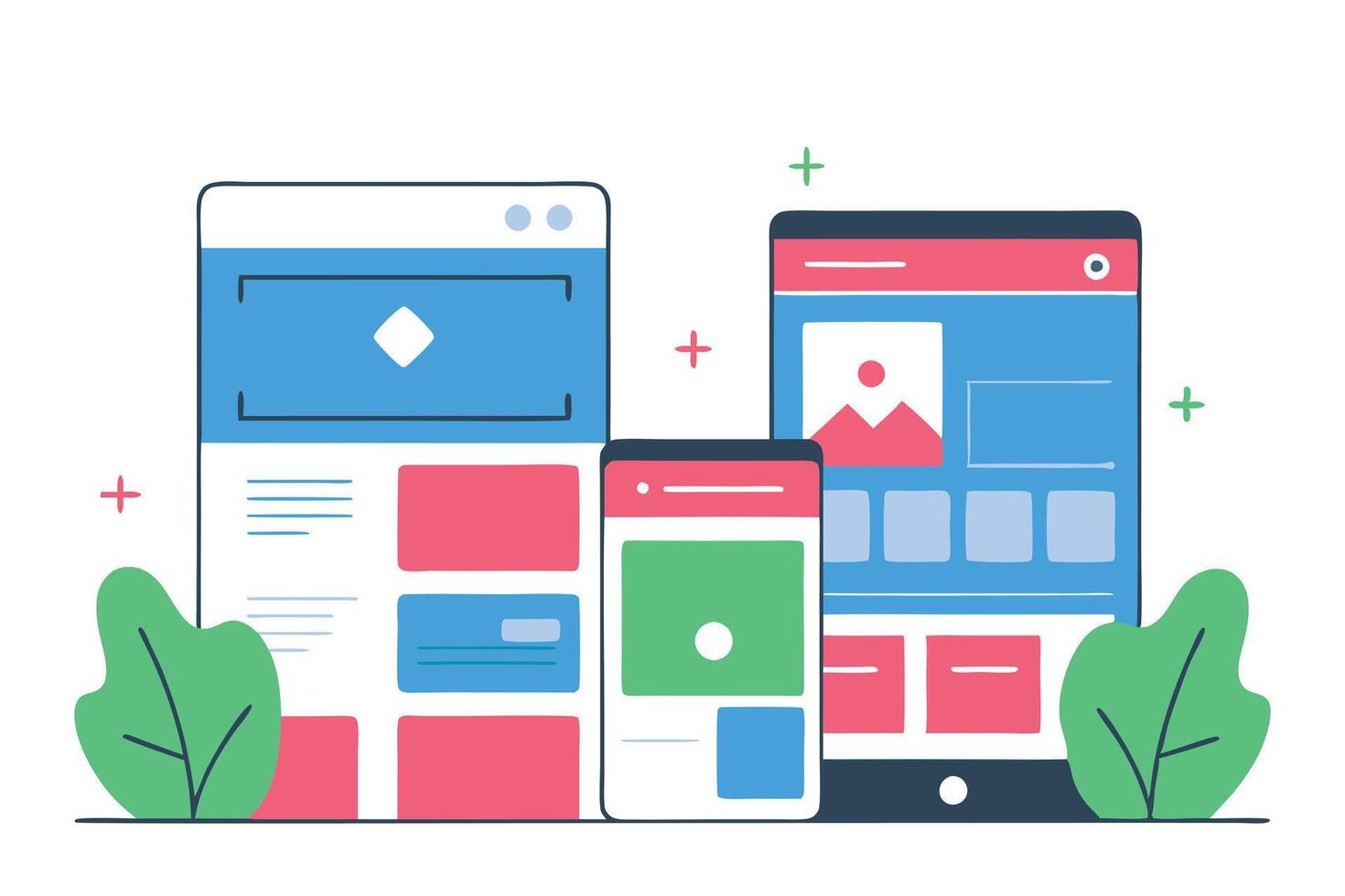 Colorful Device Mockups for Web, Tablet, Mobile with Plants on White Background vector
