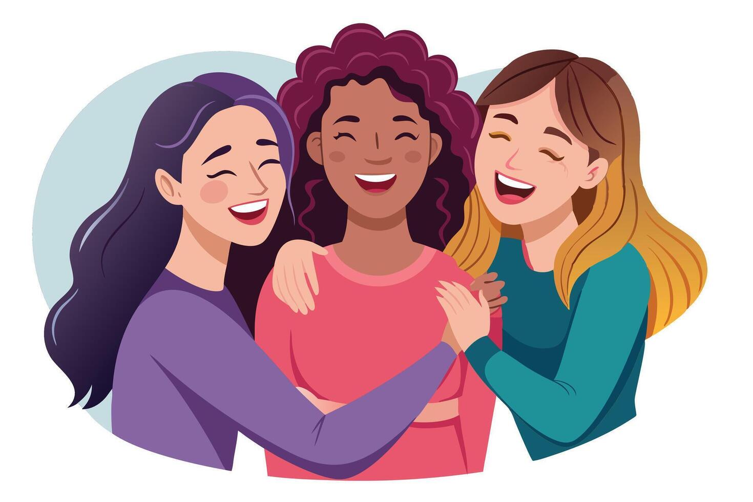 Diverse Cartoon Women Laughing Together in Group Hug with transparent background vector