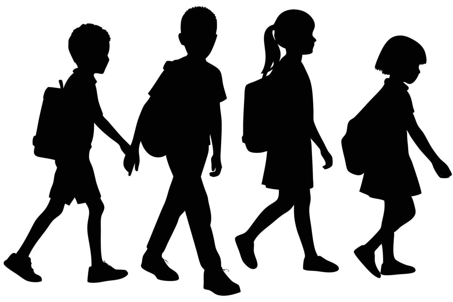 School Children Group Silhouette with Backpacks Walking on a Transparent Background vector
