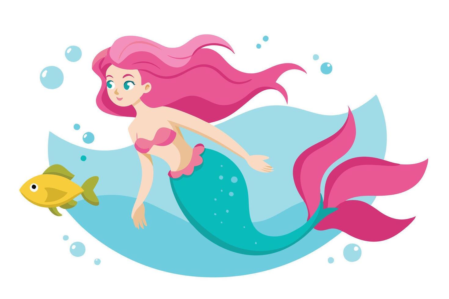 Cute Mermaid with Pink Hair, Turquoise Tail, and Yellow Fish on Transparent Background vector