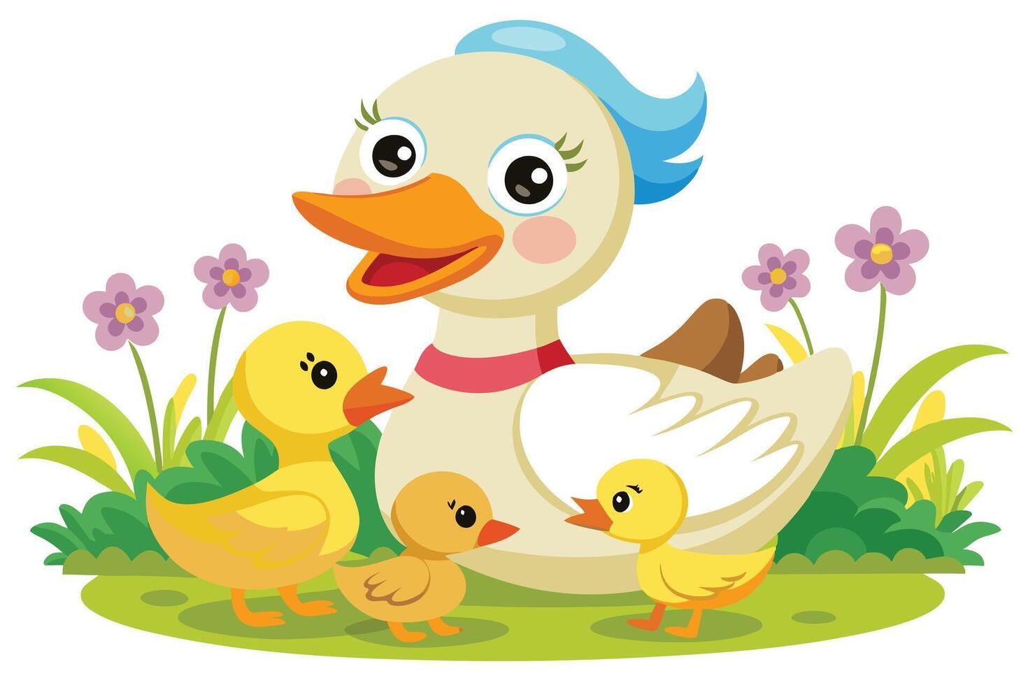Cartoon Mother Duck with Ducklings near Flowers in a Field on a White Background vector