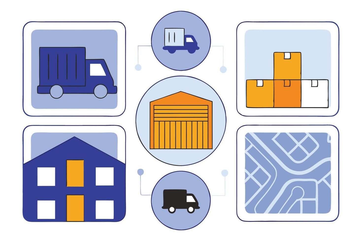 Illustrated Moving Elements Blue Truck, House, Boxes, Warehouse, and Map Icons vector