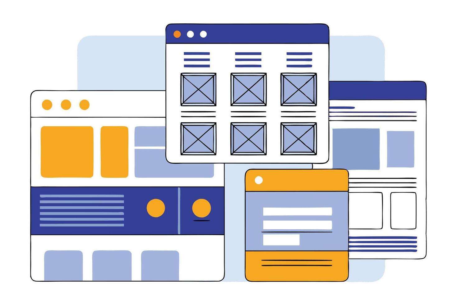 Wireframe Style User Interface with Orange and Blue Accents on White Background vector
