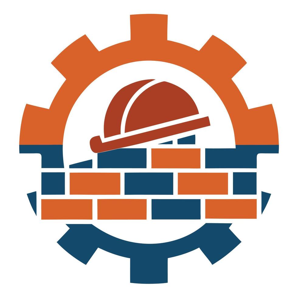Construction Hard Hat over Brick Wall with Gear Isolated on White Background vector