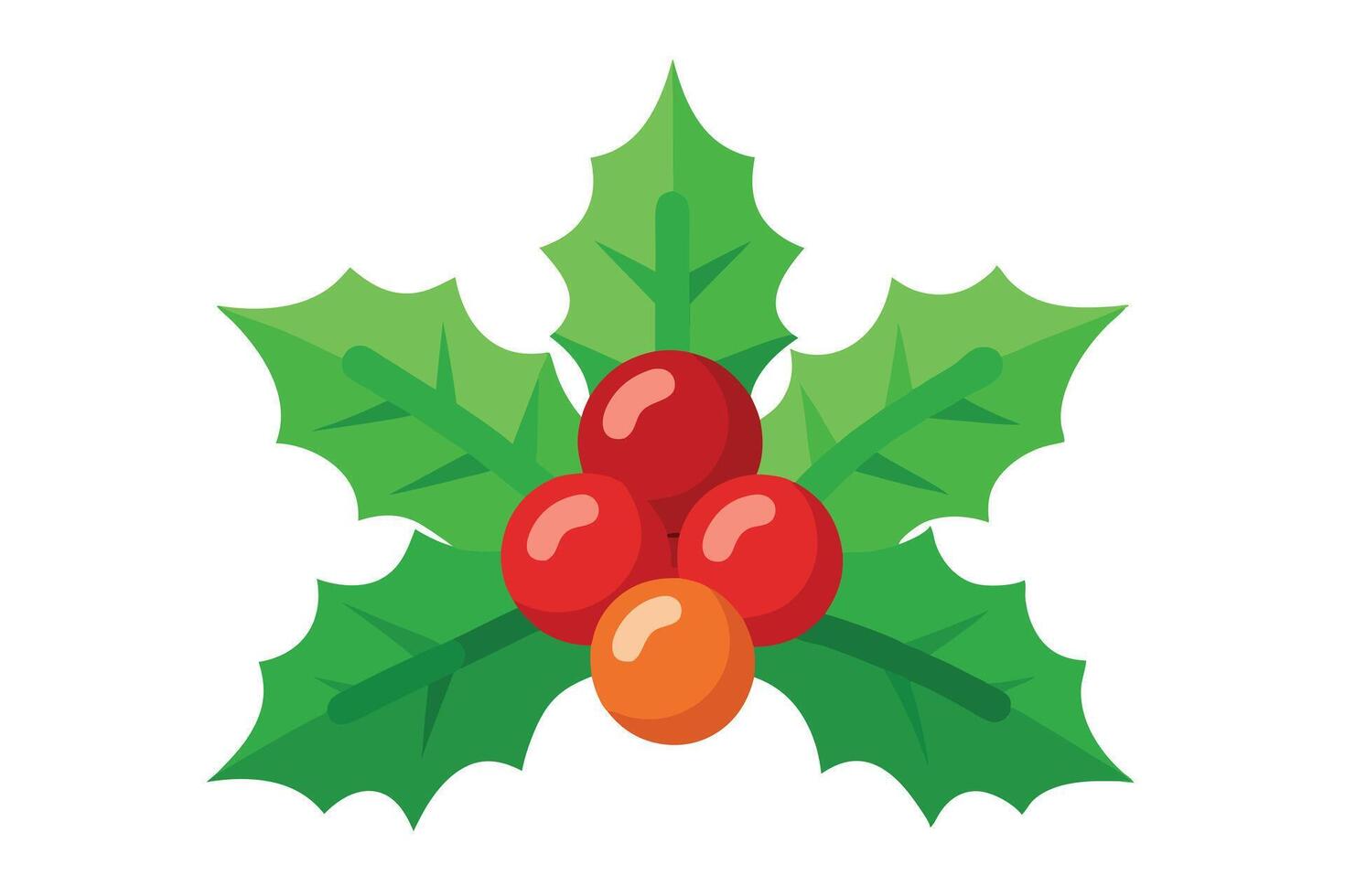 Simple Holiday Holly Leaf with Red Berries, Green Leaves, Cartoon Design, Isolated vector