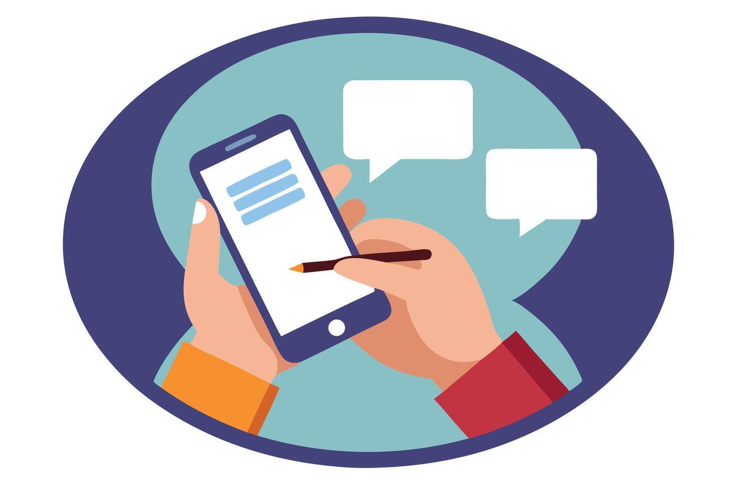 Hands Holding Smartphone with Chat Bubbles and Using Stylus Pen in Flat Design vector