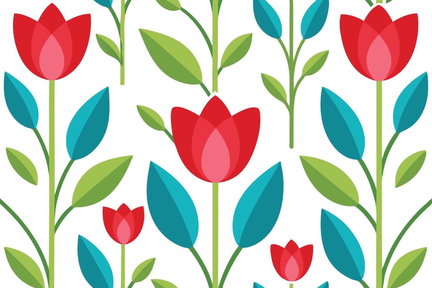 Flat Design Red Tulips and Green Leaves Seamless Pattern on White Background vector