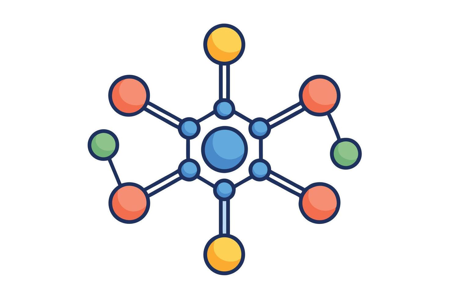 Molecular Structure with Spheres and Bonds in Blue, Yellow, Orange, and Green vector