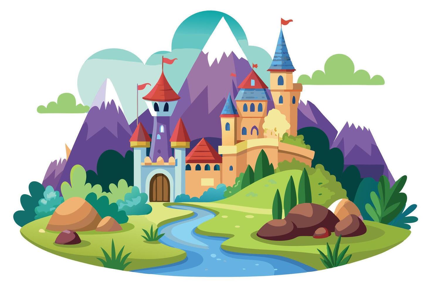 Fantasy Cartoon Castle with Purple Mountains, Flags, River on White Background vector