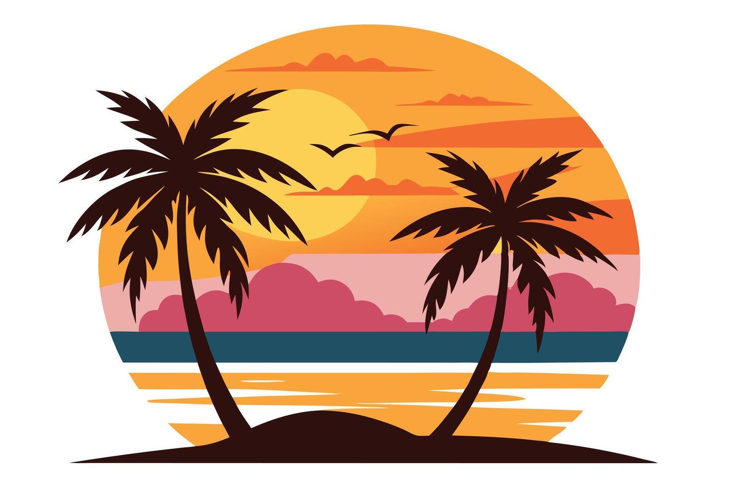 Silhouette of Two Palm Trees at Sunset with Birds Flying, Tropical Holiday vector