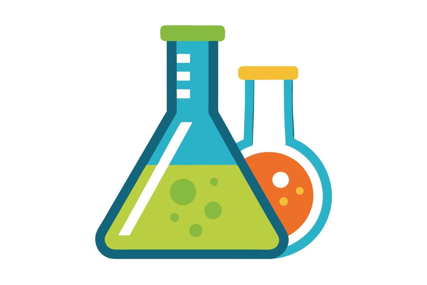 Two Beakers with Liquid Green and Orange Color on White Background flat design vector