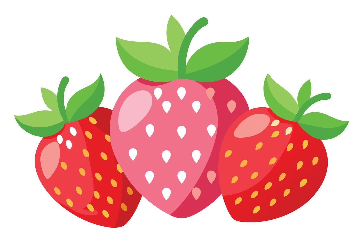 Flat Styled Fresh Strawberry Fruit Group with Green Leaves on White vector