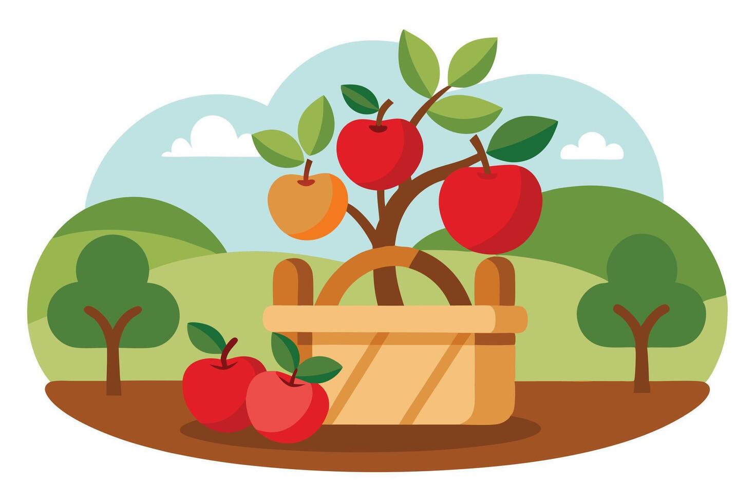 Apple Tree in Wicker Basket, Red Fruits, Green Leaves, Landscape and Blue Sky vector