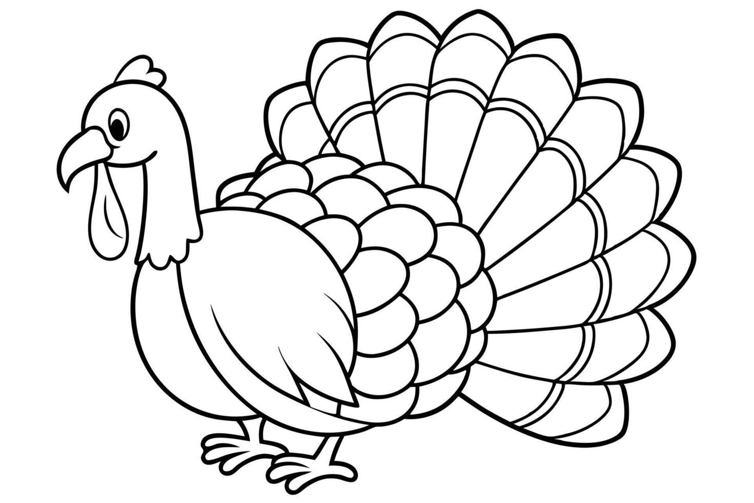 Outlined Turkey Bird Cartoon with Detailed Feathers on Transparent Background vector