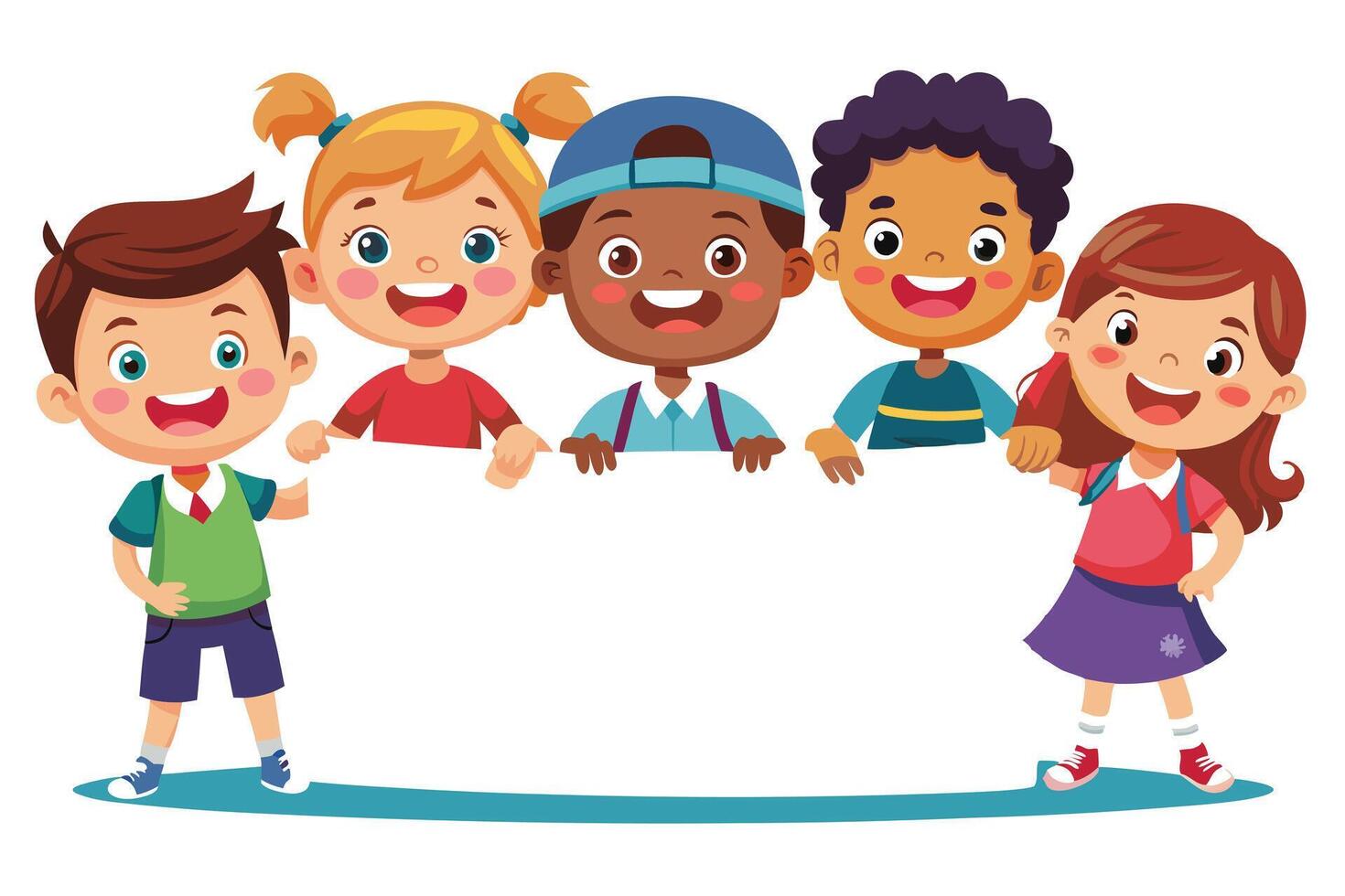 Cheerful Diverse Kids Holding White Banner. Happy Multiethnic Children Design vector