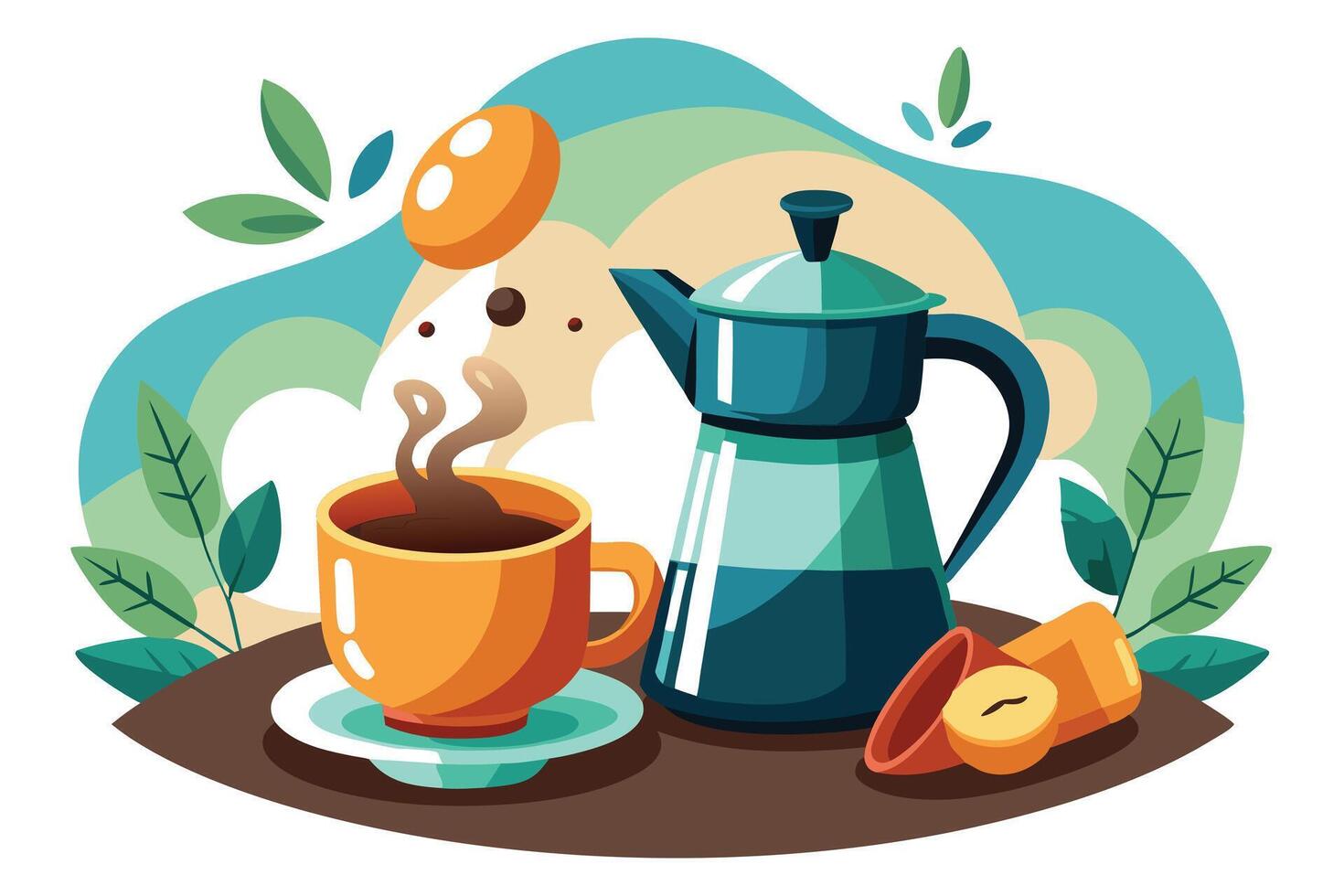 Coffee Cup with Moka Pot and Beans on Table with Abstract Plants vector