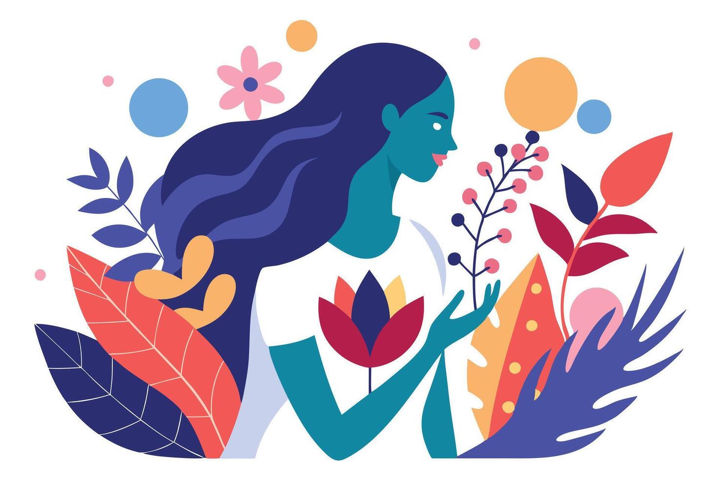 Cartoon Woman Profile with Floral and Botanical Accent Elements on White Background vector