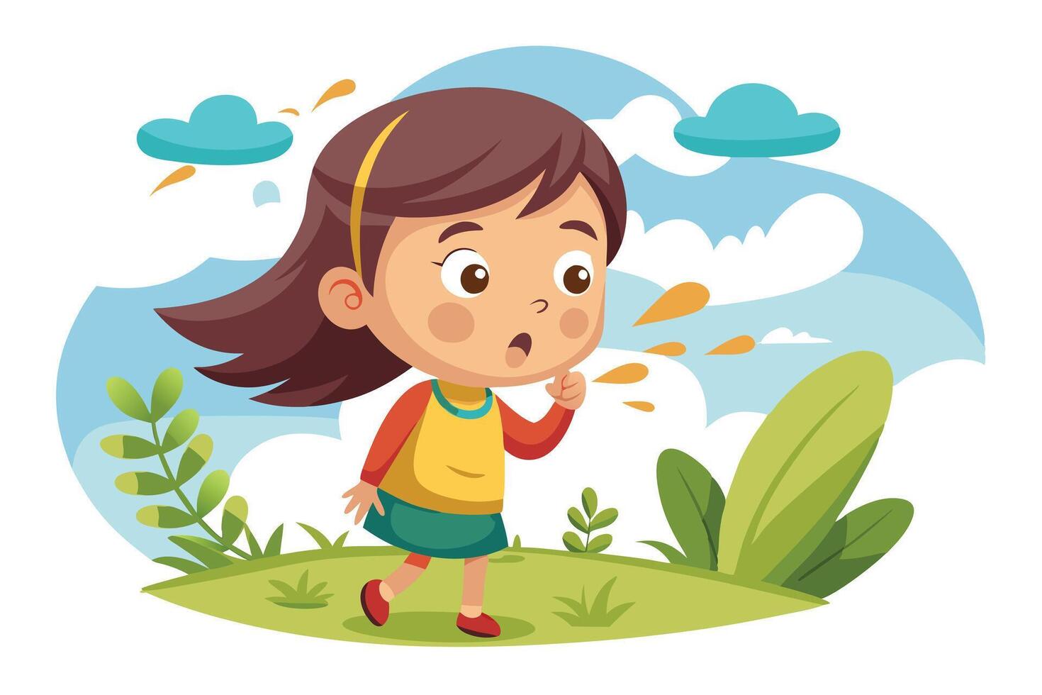 Cute Cartoon Girl Coughing Outdoors in Sunny Sky Design vector