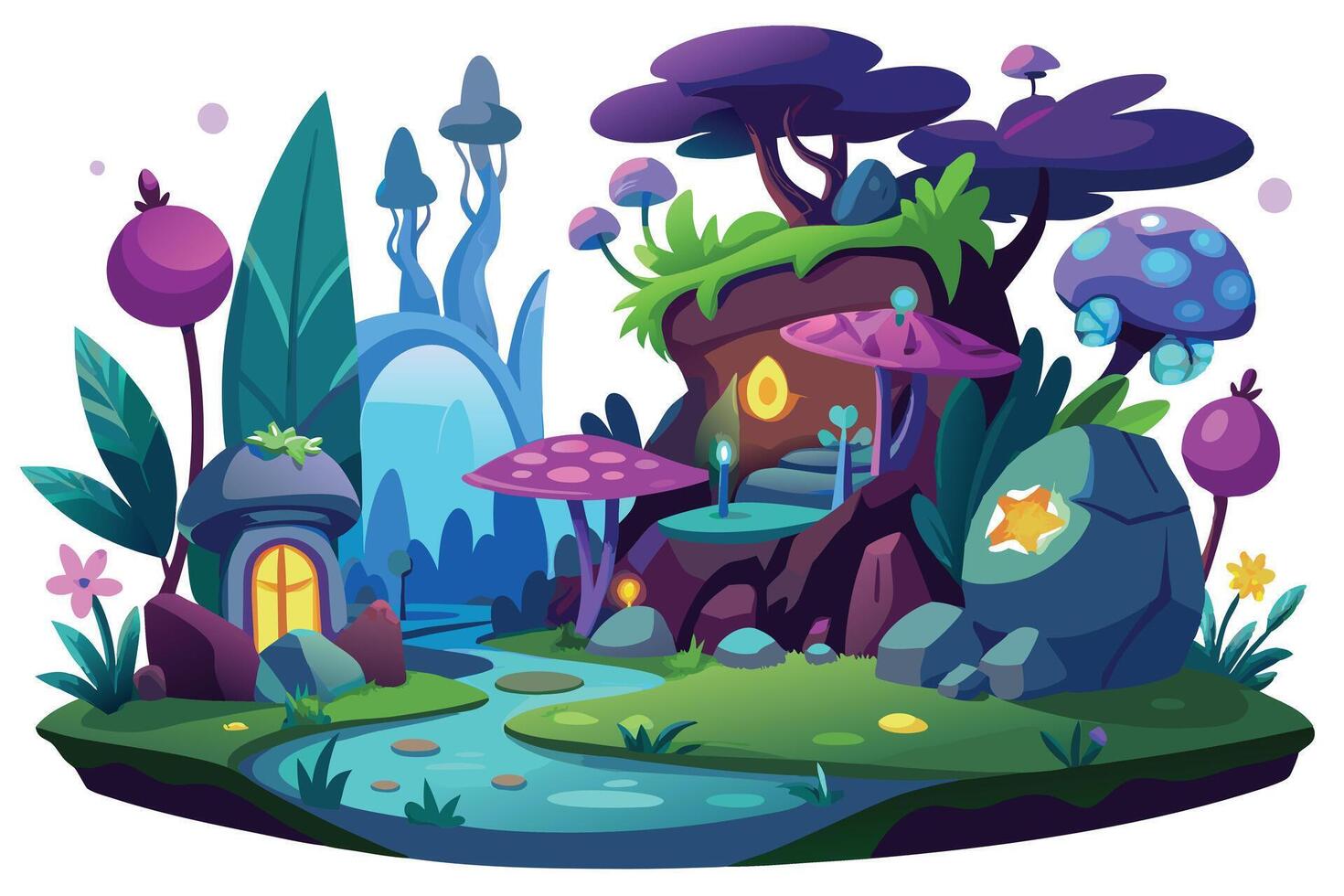 Fantasy Landscape with Mushroom Houses and River in Whimsical Style vector