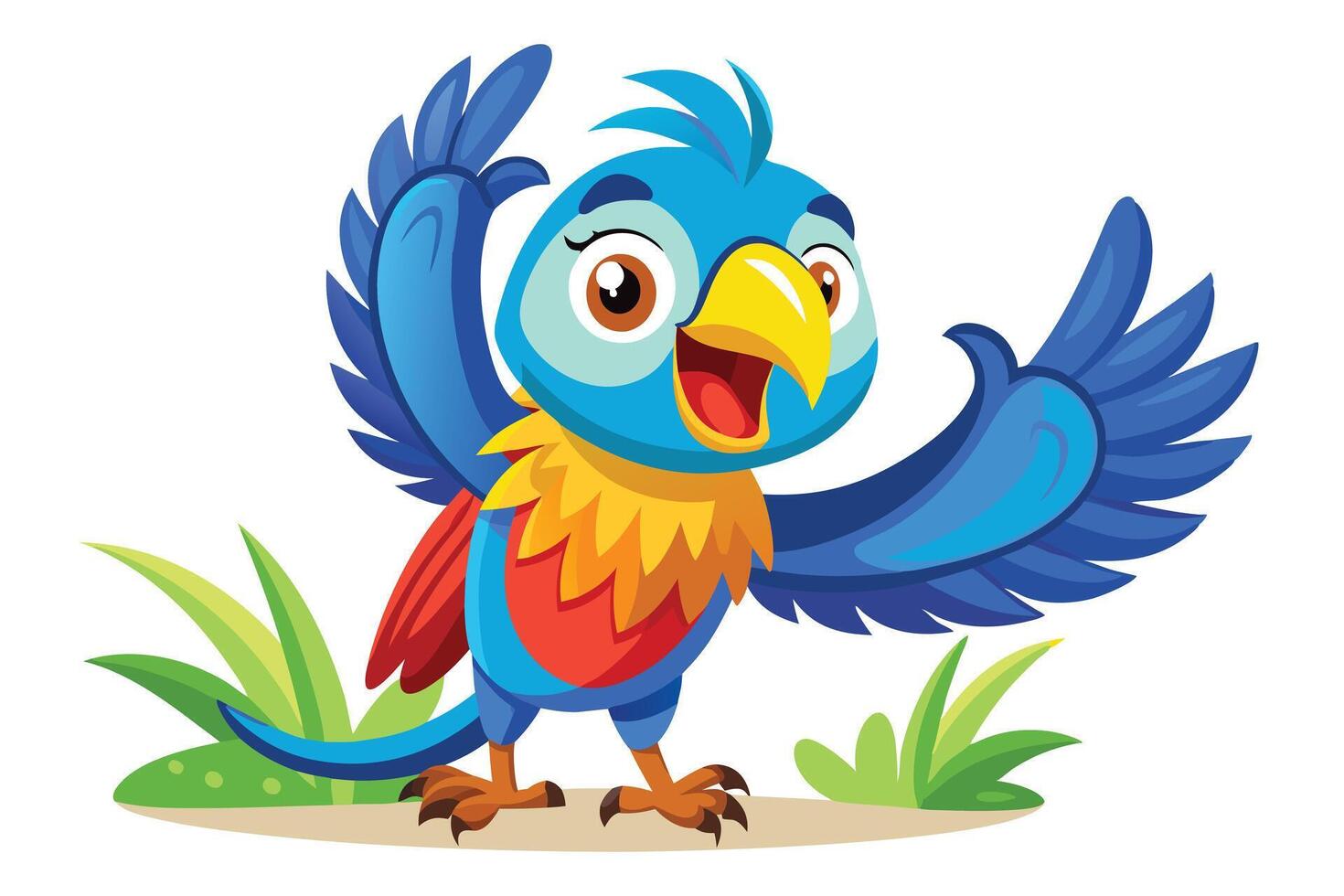 Joyful Blue Parrot Cartoon Open Arms Wings with White Transparent Background vector