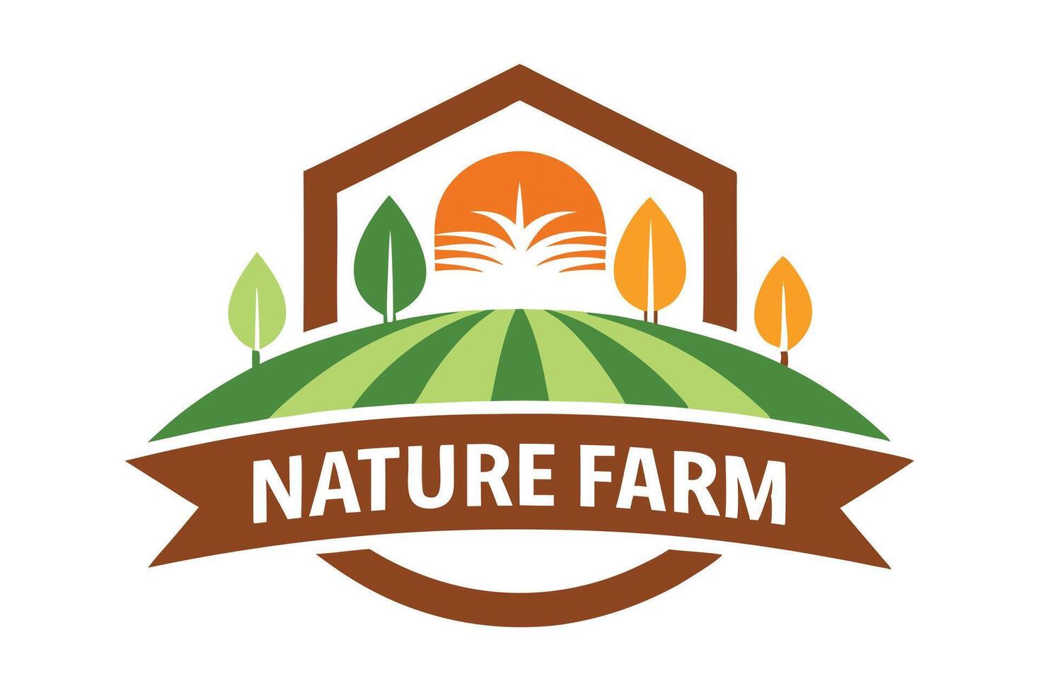 Natural Farm Logo Concept with Green Fields, Trees, House, and Decorative Banner vector