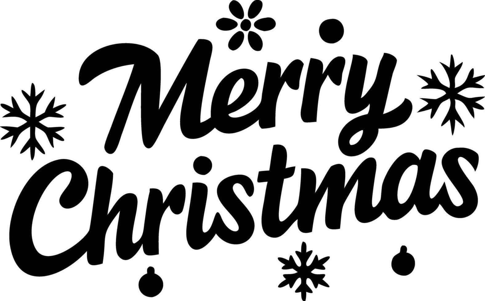 Merry Christmas Lettering with Snowflakes and Ornaments in Black on White vector