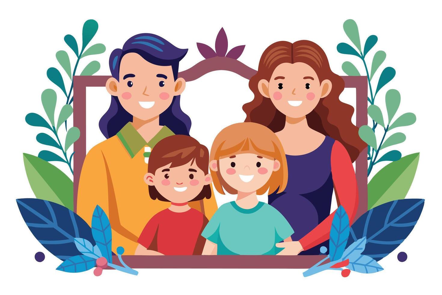 Smiling Family Portrait, Mother, Father, Children, Cartoon Style with Floral Art vector