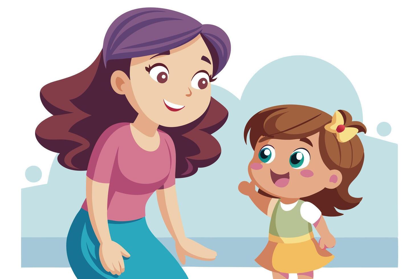 Smiling Mother and Daughter with Cartoon Style on White Background vector