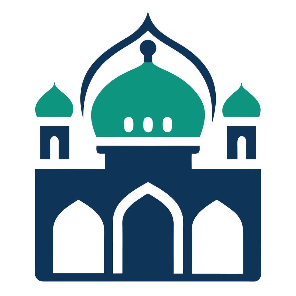 Silhouette Mosque Icon, Turquoise Dome, Blue Archways, on White vector