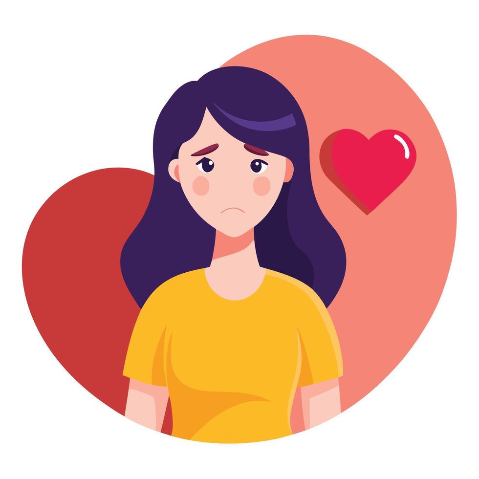 Sad Young Woman with Purple Hair, Yellow Shirt, and Red Heart Icon Flat Design vector