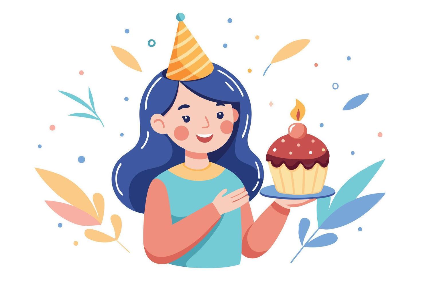 Happy Girl with Party Hat Holds Cupcake with Candle on White Background vector