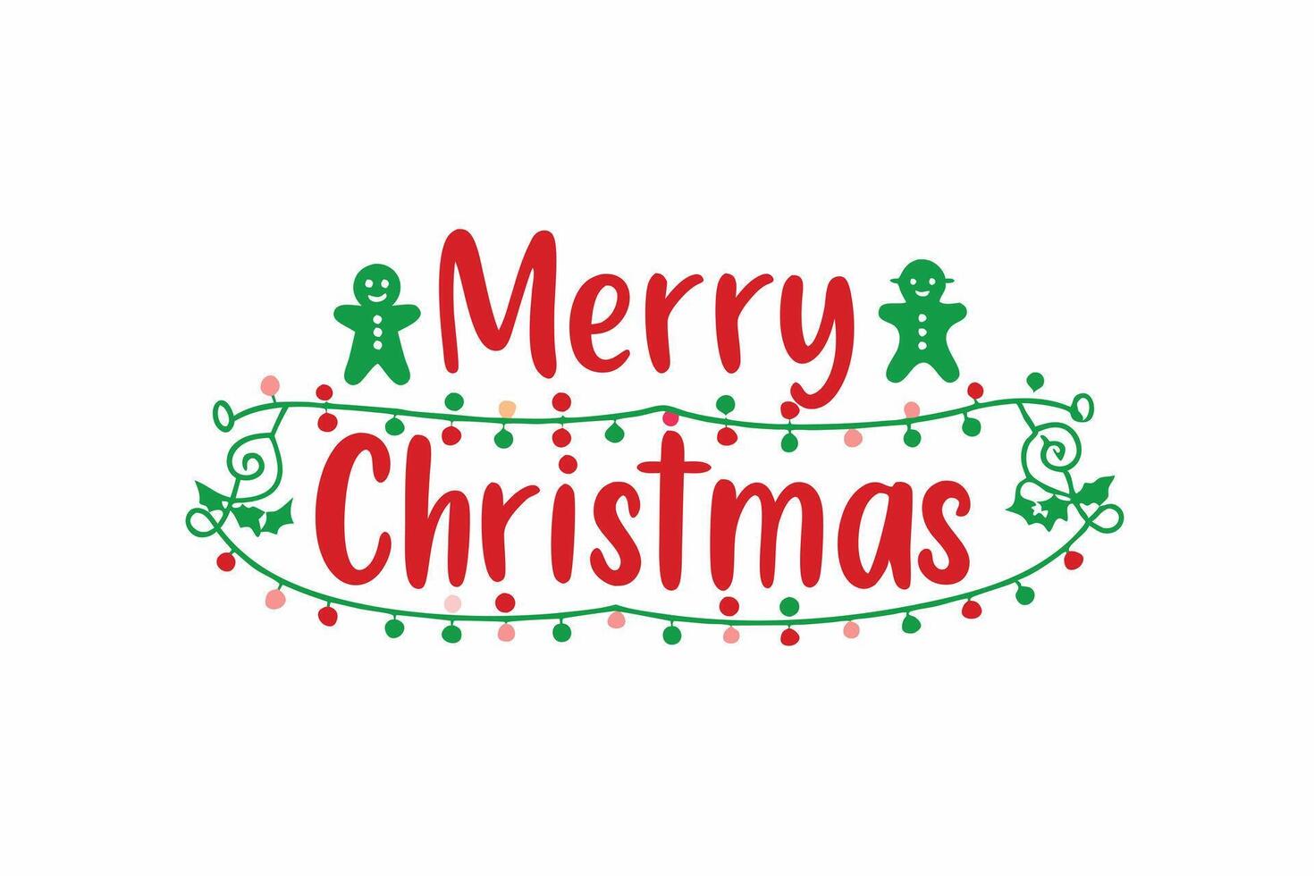Merry Christmas Text Design with Gingerbread Men, Holly, Lights on a White Background vector