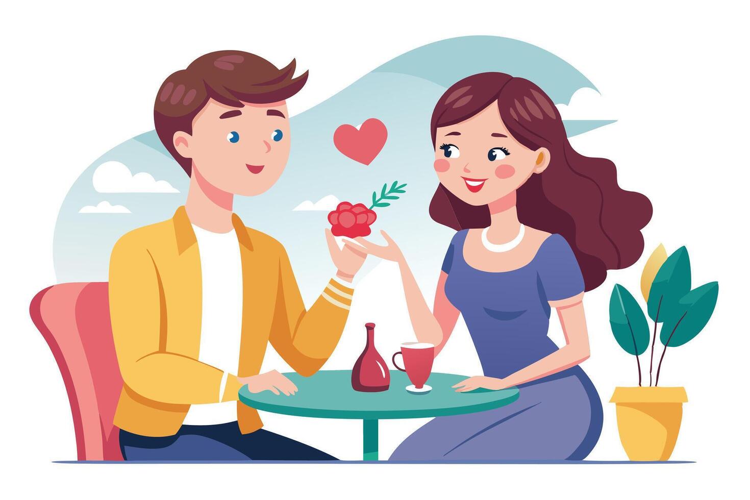 Romantic Couple at Cafe with Flower Gift on Table on a White Background vector