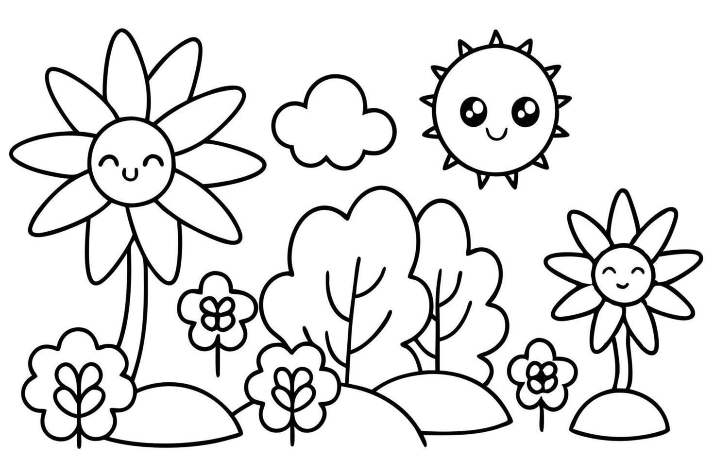 Cute Cartoon Nature with Smiling Sun Flowers Trees and Cloud vector