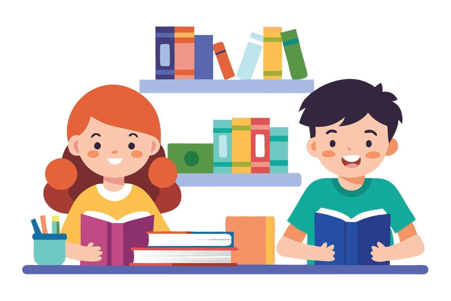 Boy and Girl Reading Books, Cartoon Style, White Background, Education, Students vector
