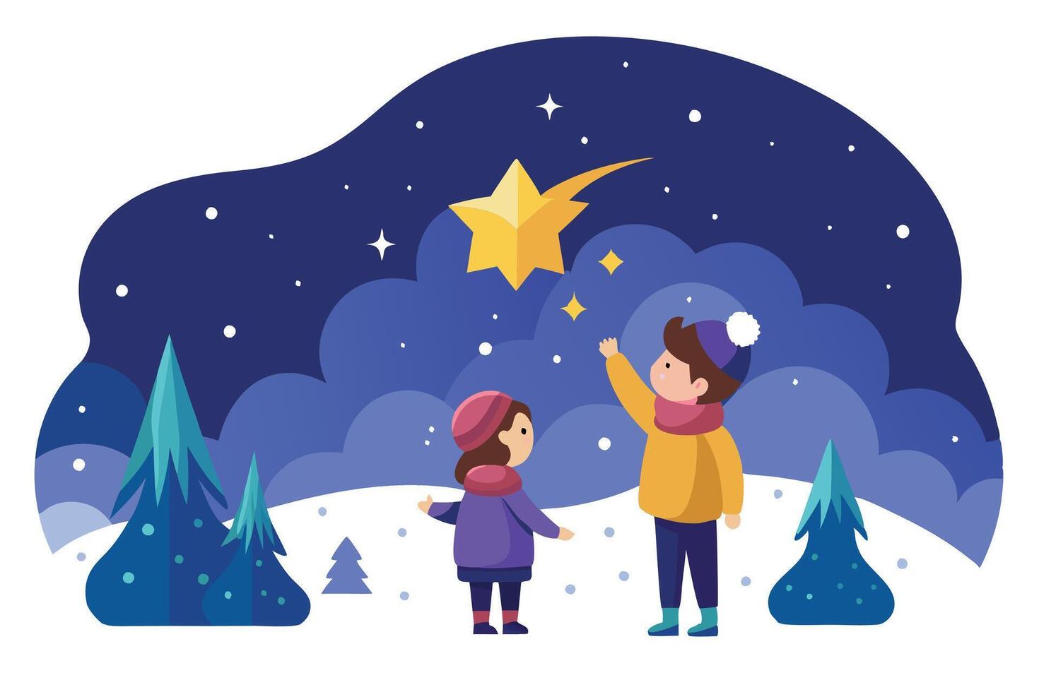 Winter Two Kids Watching Star in the Sky with Snow Landscape vector