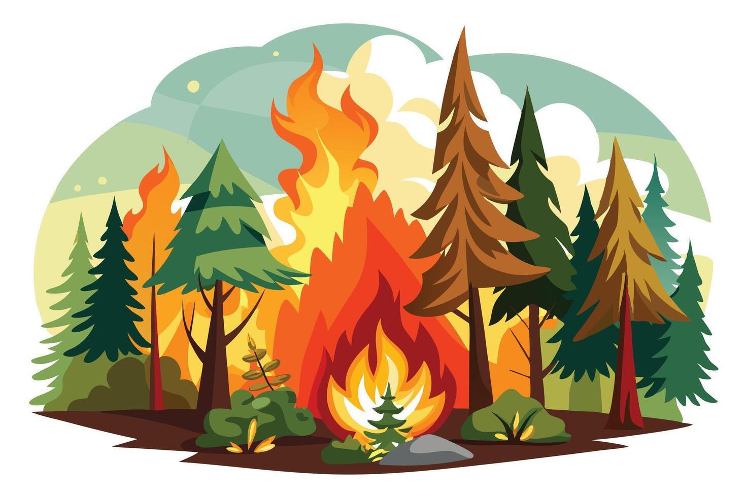 Cartoon Trees Ablaze with Fiery Flames and Forest Landscape on White vector