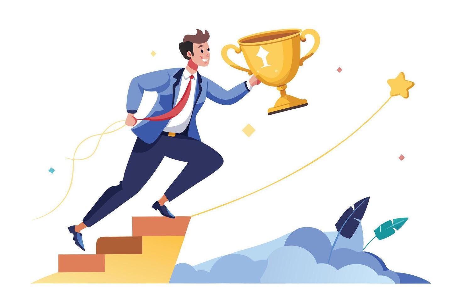 Businessman Climbing Steps, Holding Gold Trophy, Reaching Star on White Background vector