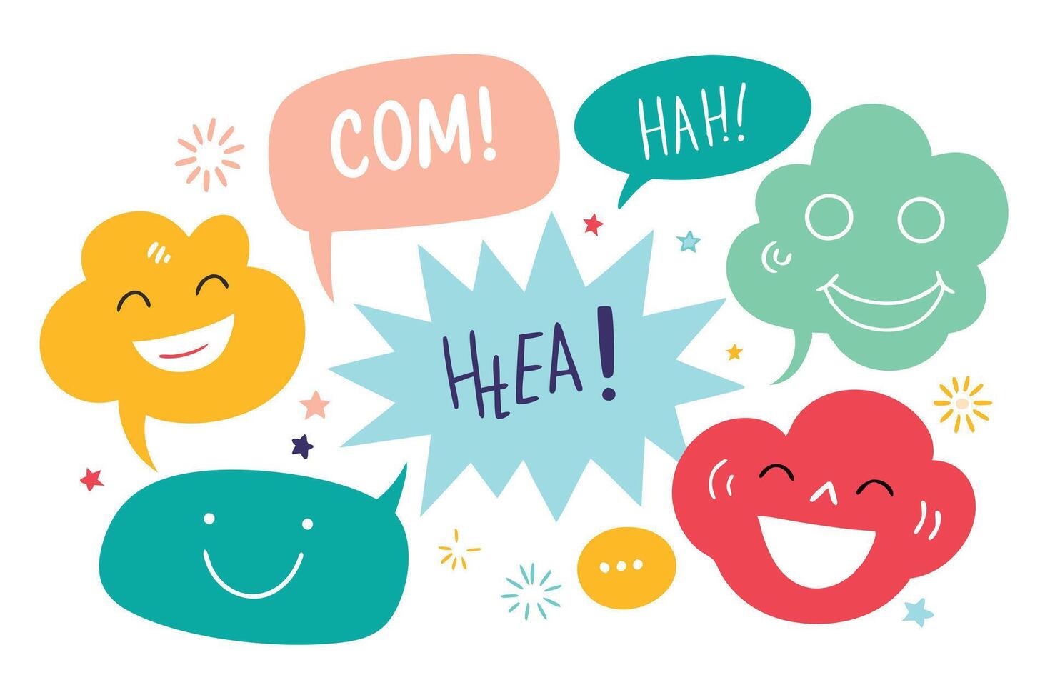 Colorful Speech Bubbles with Comic Accents and Happy Cartoon Faces on White vector