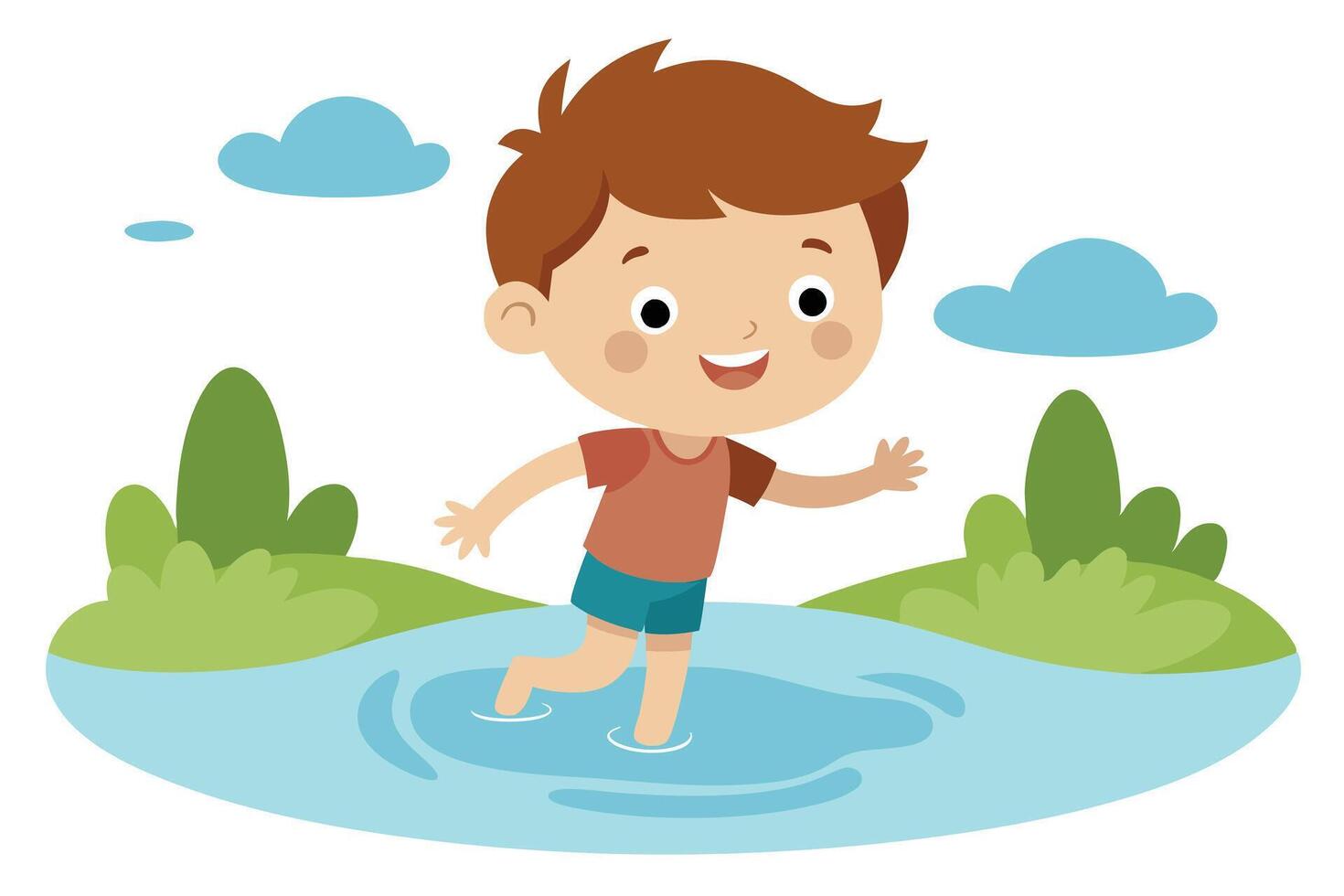 Happy Cartoon Boy with Brown Hair Wading Through Water in Pond on Transparent Background vector