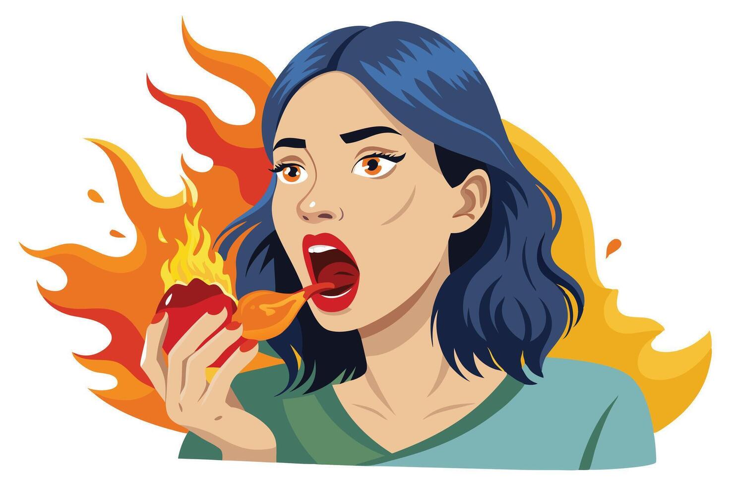 Frightened Woman Bites Spicy Pepper on Fire on Tongue with Transparent Background vector