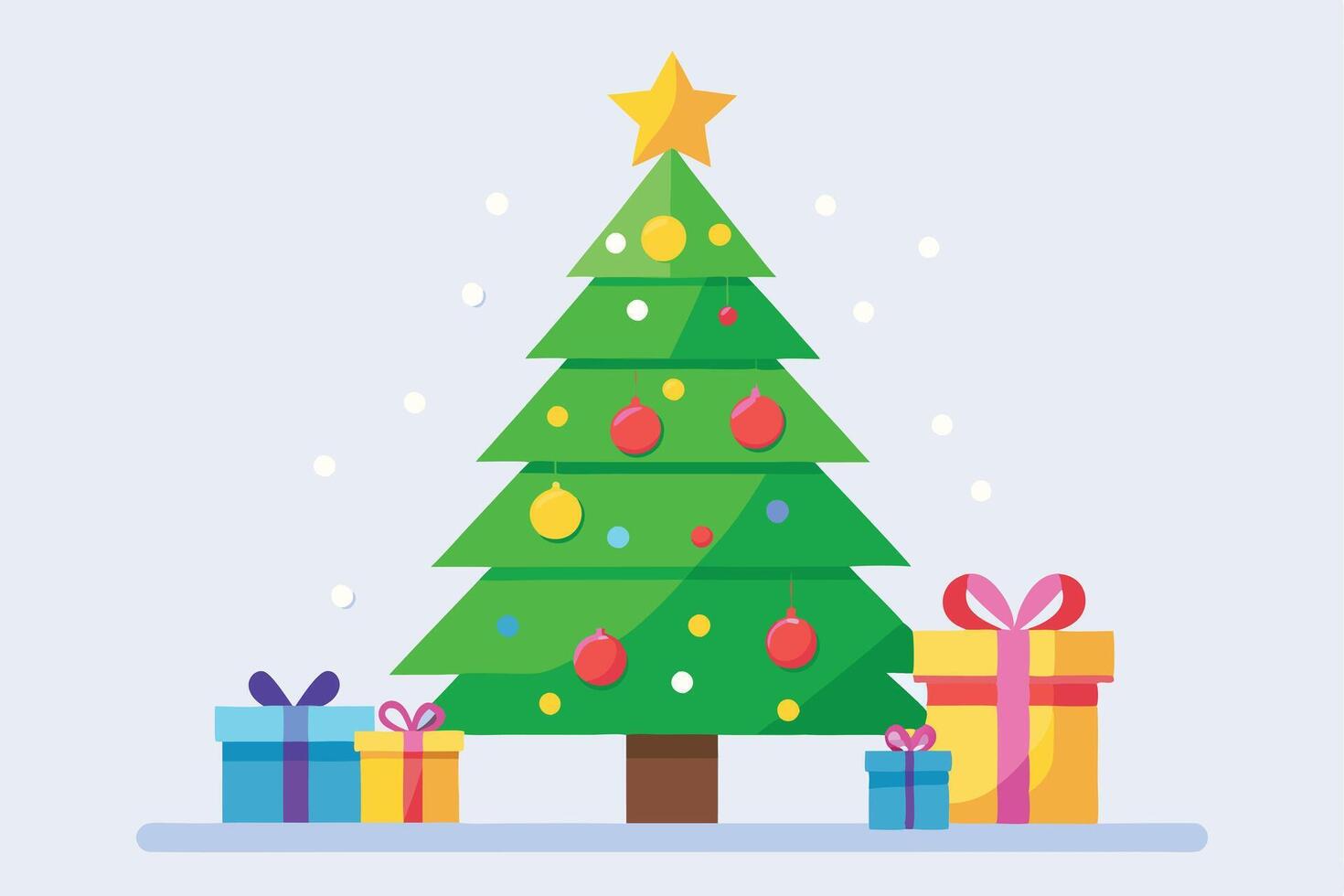 Cartoon Christmas Tree with Gifts and Ornaments on Light Blue Background Design vector
