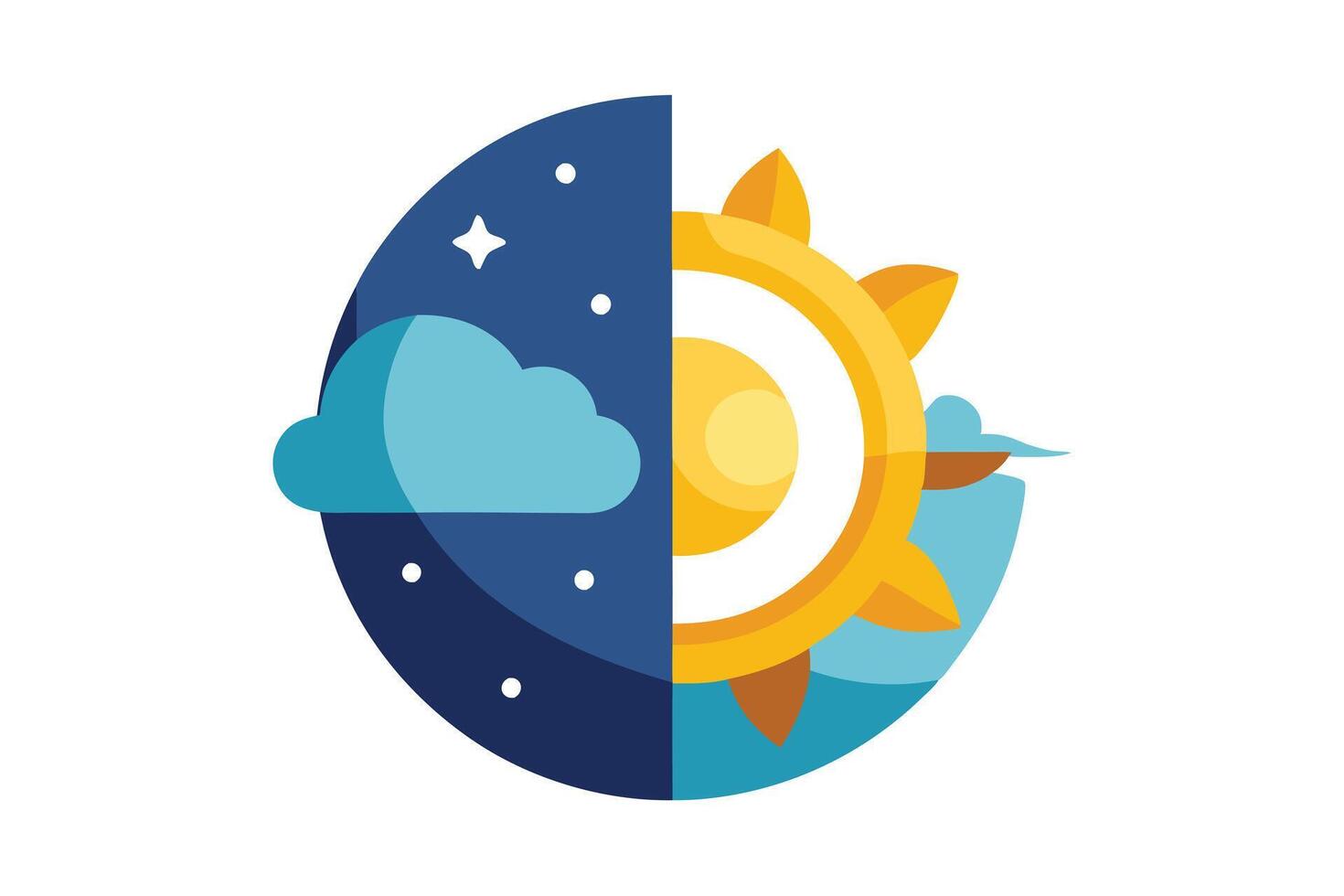 Flat Design Icon Half Sun and Moon with Cloud, Stars, Sky, Weather, and Sunlight vector