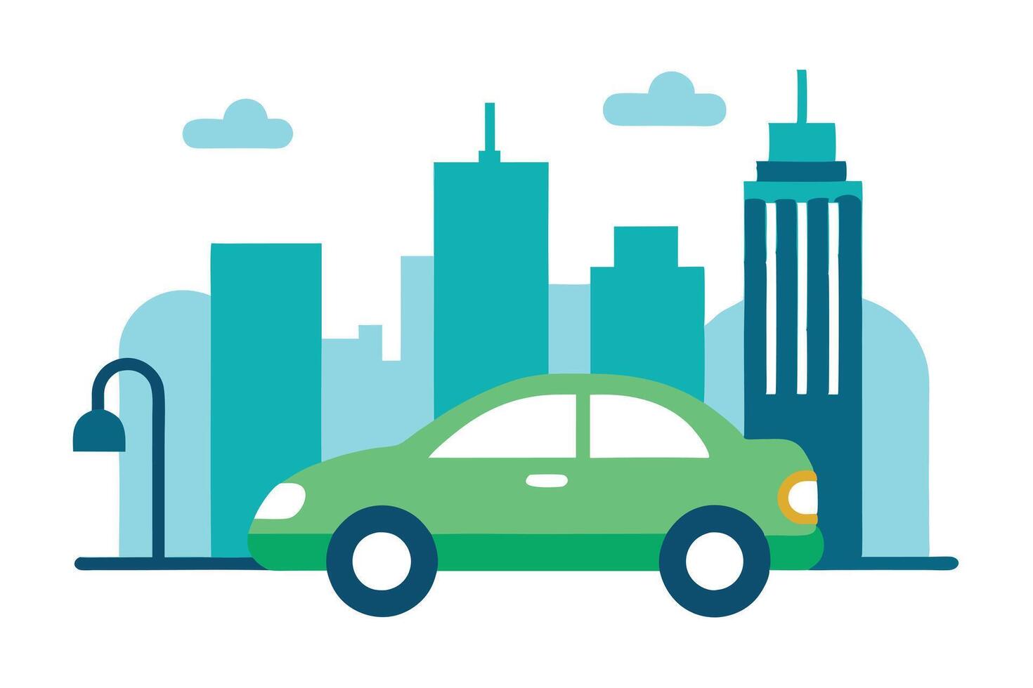 Green Car Cartoon Style with Cityscape Background Flat Design on White Background vector