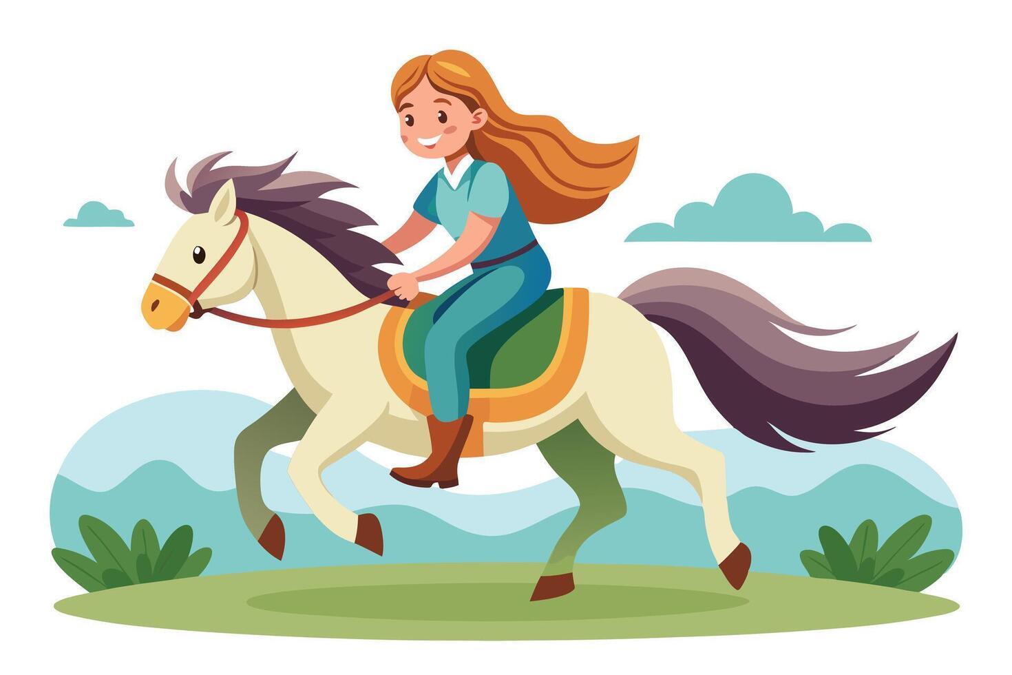 Cartoon Style Girl Riding Horse with Nature Landscape on a White Background vector
