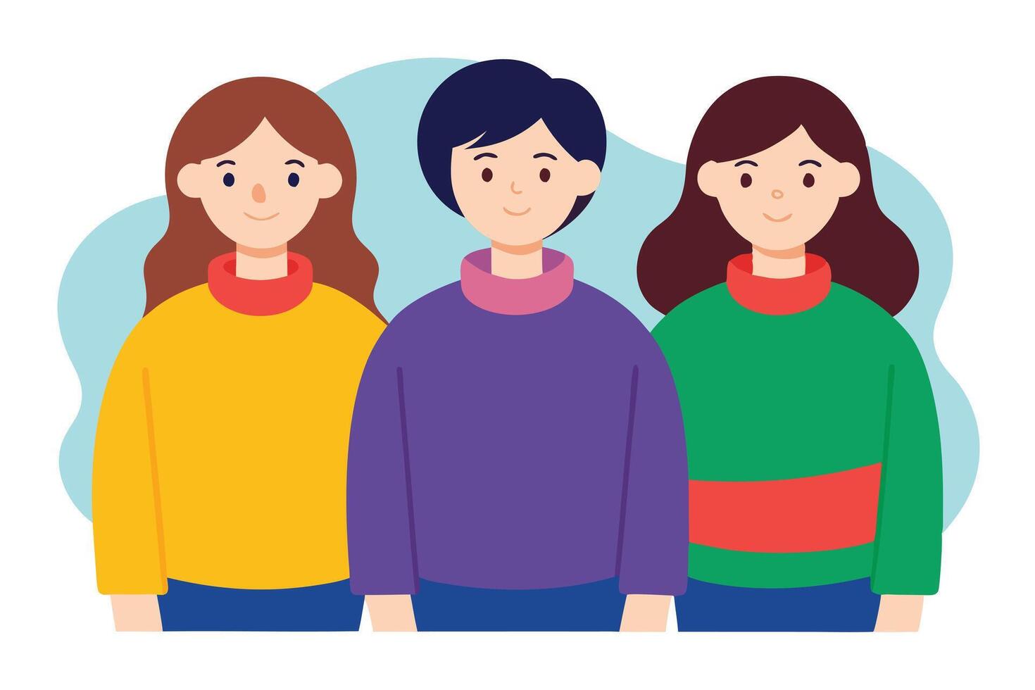Group of Smiling Cartoon People in Sweaters with Blue Wave Design vector