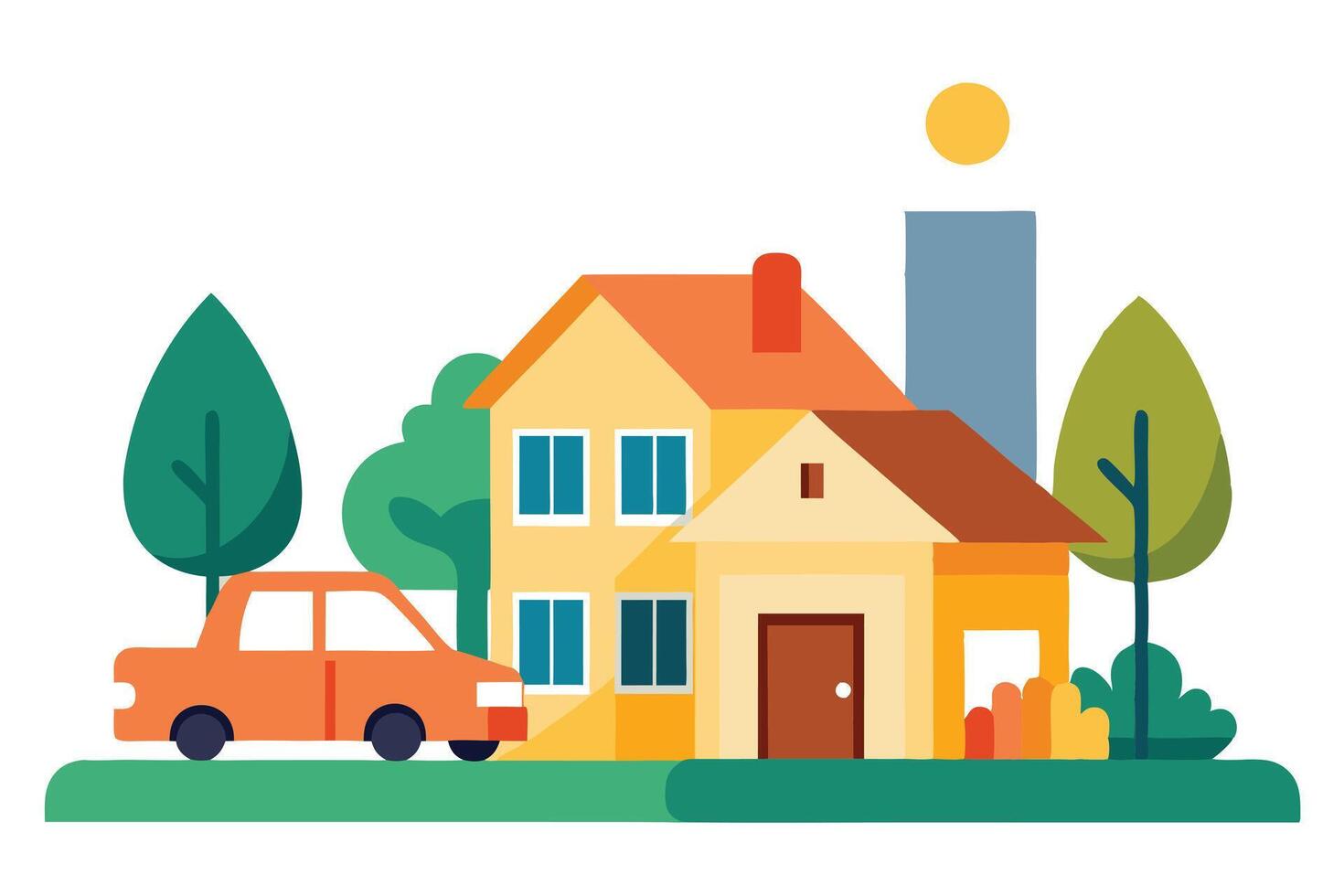 Flat Home with Orange Car, Trees, and Sun on White Background vector