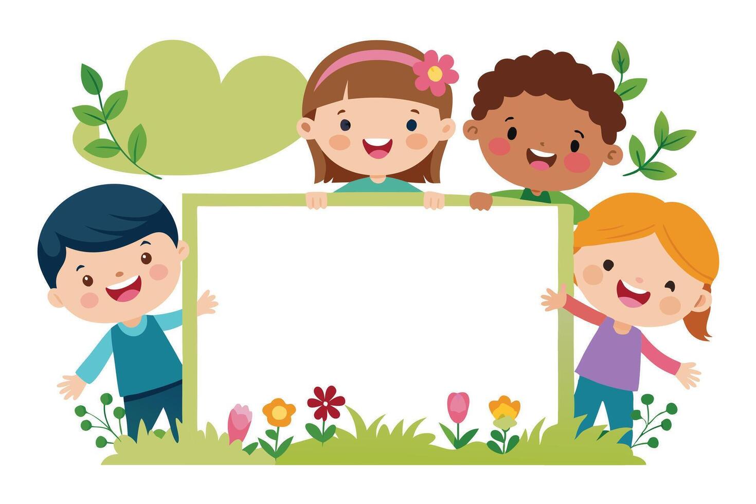 Cheerful Diverse Cartoon Kids Holding Blank Sign with Grass and Flowers Border vector